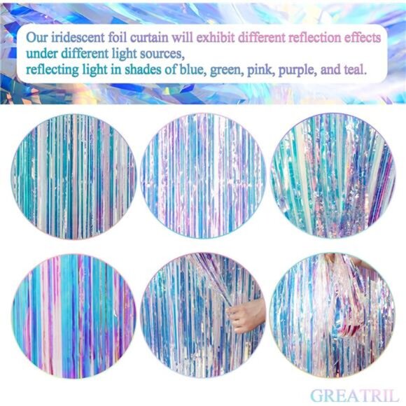 Iridescent Foil Party Streamers Backdrop 2 Pack Holographic Fringe Curtain Decor - Picture 6 of 7